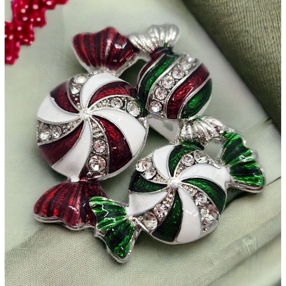 Stunning Peppermint Candies Brooch Red Green & White Enamel & Fiery Rhinestones